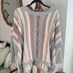 CAbi Gray and Pink Patterned Poncho Sweater